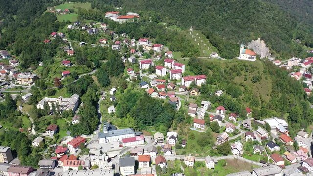 Picturesque aerial view of Idrija town center in sunny autumn day, Gorizia, Slovenia. High quality 4k footage