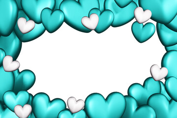 Frame of blue and white volumetric hearts isolated on white background. 3d rendered illustration. Copy space