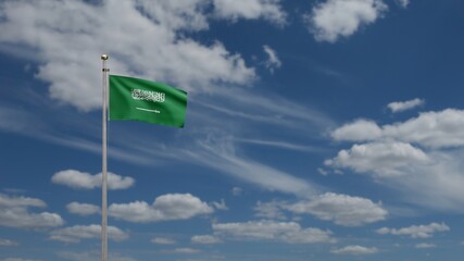 Kingdom Saudi Arabia flag waving in wind with blue sky. KSA banner blowing