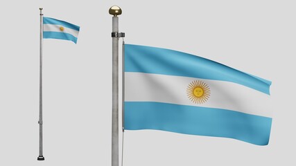 Argentinian flag waving in the wind. Close up of Argentine banner blowing silk.