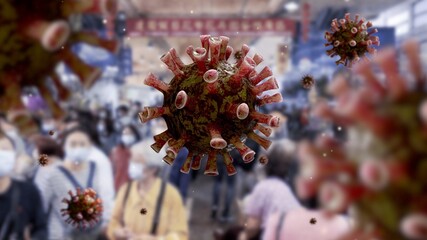 Concept coronavirus covid19. Crowd of asian people using mask Chinese new year