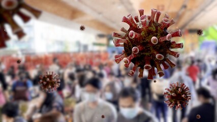Flu coronavirus floating over people at street market. Chinese new year Covid 19