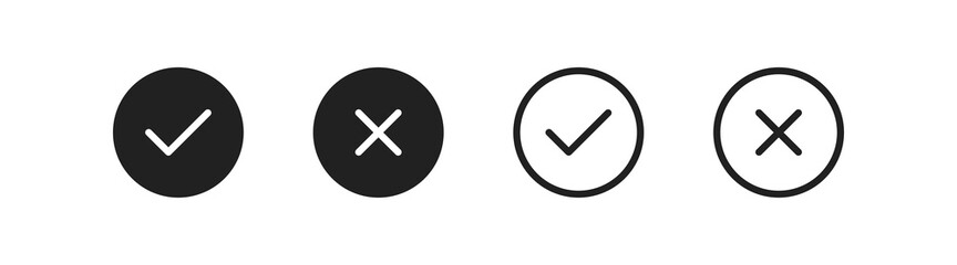 Check mark icon set. Cross web sign. Yes, no symbol in vector flat