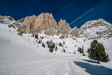 Beautiful winter alpine landscape of Dolomity, South Tyrol. View of Gran Cir, Sassolungo and other...