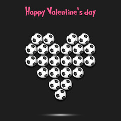 Happy Valentines Day. Soccer balls located in the form of a heart. Design pattern on the football theme for greeting card, logo, emblem, banner, poster, flyer, badges. Vector illustration