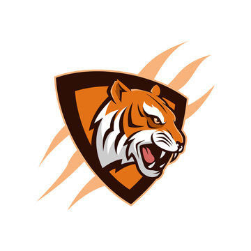 Tiger Head Mascot Logo with shield vector illustration, e sport logo