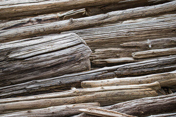 driftwood stacked on beach