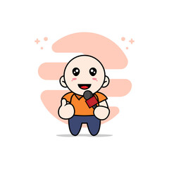 Fototapeta premium Cute courier character holding a microphone.