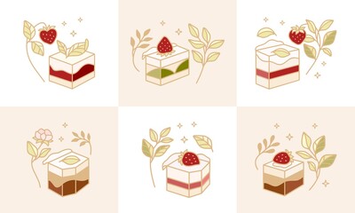 Set of colorful pastry, cake, and bakery elements for clipart or logo template in isolated colorful background