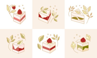 Set of colorful pastry, cake, and bakery elements for clipart or logo template in isolated colorful background