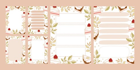 Set of to do list, daily planner, notepad templates with hand drawn cake and strawberry elements