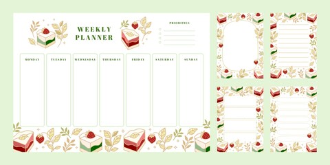 Set of weekly planner, daily to do list, notepad templates, school scheduler with hand drawn cake, floral, and strawberry elements