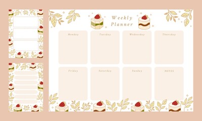 Set of weekly planner, daily to do list, notepad templates, school scheduler with hand drawn cake, floral, and strawberry elements