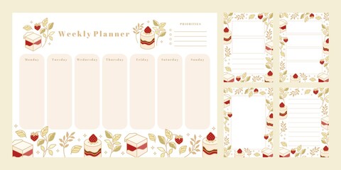 Set of weekly planner, daily to do list, notepad templates, school scheduler with hand drawn cake, floral, and strawberry elements