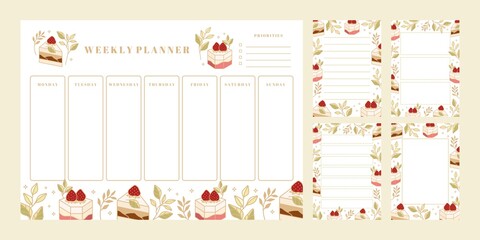 Set of weekly planner, daily to do list, notepad templates, school scheduler with hand drawn cake, floral, and strawberry elements