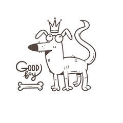 Card with cute cartoon dog. Funny puppy and bone. Good boy. Vector print with joyful animal.