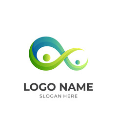 infinity people logo, people and infinity sign, combination logo with 3d green and blue color style