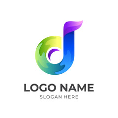letter d music logo, letter d and music note, combination logo with 3d colorful style