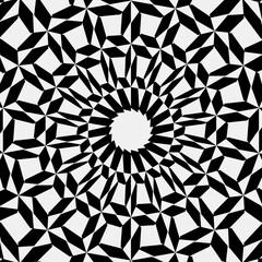Raster geometric ornament. Black and white mandala with star shapes, squares, diamonds, grid, floral silhouettes. Simple monochrome ornamental background. Repeat design for decor, print