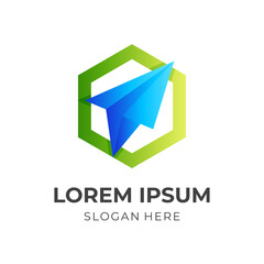 travel logo, paper plane and hexagon, combination logo with 3d green and blue color style