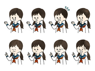 女子学生の表情セット-水彩