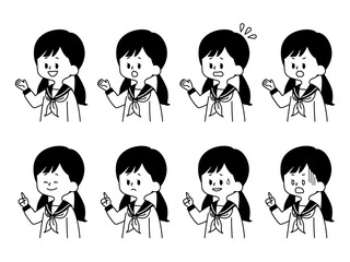 女子学生の表情セット-白黒
