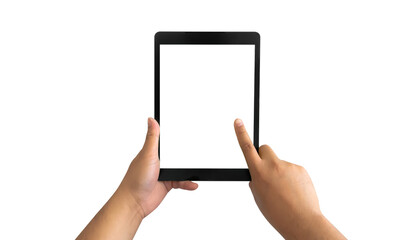 men hand holding digital tablet isolated on white background with clipping path
