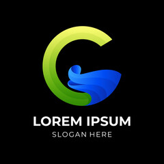 letter G wave logo, letter G and wave, combination logo with 3d green and blue color style