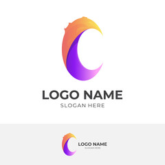 letter C moon logo, letter C and moon, combination logo with 3d orange and purple color style
