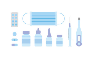 Illustration set related to medicine, healthcare, care, beauty, hospital. Masks, syringes, thermometers, etc.