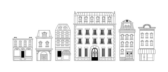 French city house building doodle set isolated