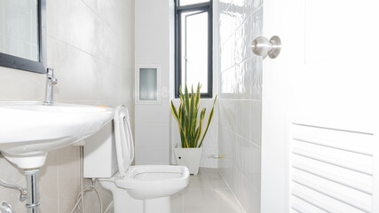 White bathroom in the house with toilet and sink