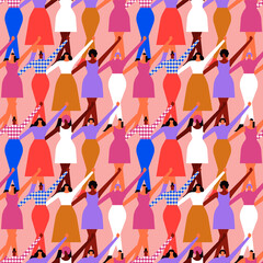 Women's Day diverse woman crowd seamless pattern