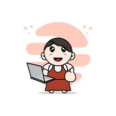 Cute girl character holding laptop.