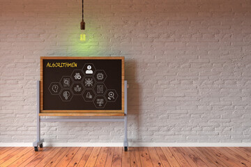blackboard with hexagon tiles and icons and German message for ALGORITHMS in front of a brick wall