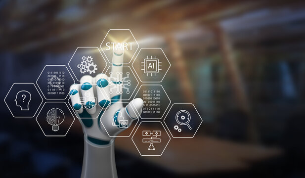 robot hand selecting a hexagon tile on an interface with the word START in front of a business background