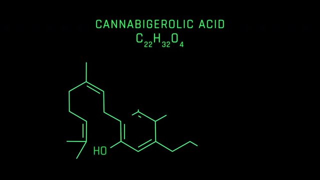 Cannabigerolic Acid Molecular Structure Symbol Neon Animation on black background