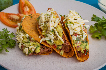 Traditional Mexican food tacos with beans and guacamole