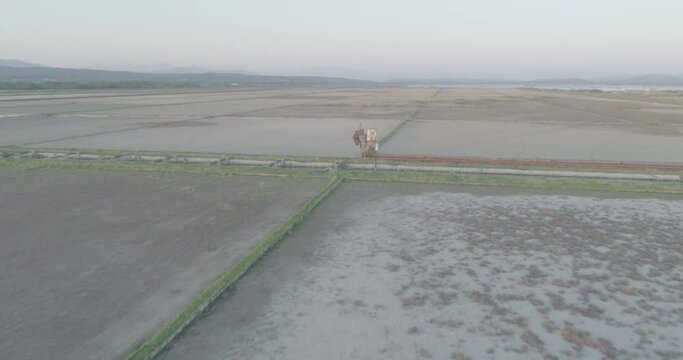 Salt marshes exploitation, Ulcinj, Montenegro. Drone flight with LOG profile.