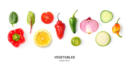 Creative layout made of tomato, onion, pepper, cucumber and zucchini on the white background. Flat...