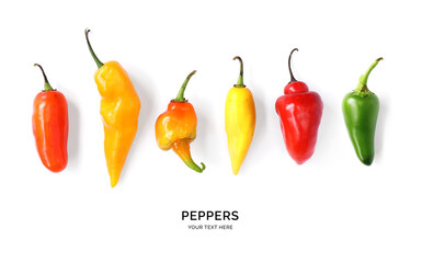 Creative layout made of red and green, orange pepper. Flat lay. Food concept.