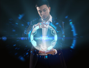 Business, Technology, Internet and network concept. Young businessman working on a virtual screen of the future and sees the inscription: Career opportunities