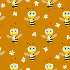Seamless pattern with bees and flowers on brown background. Vector illustration. Adorable cartoon character. Template design for invitation, cards, textile, fabric. Doodle style.