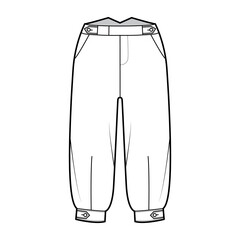 Short plus fours pants technical fashion illustration with tab, knee length, normal waist, rise, slashed pocket. Flat breeches bottom template front, white color style. Women, men CAD mockup