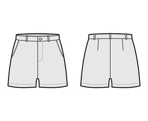 Short pants technical fashion illustration with mid-thigh length, low waist, rise, slashed pocket. Flat bottom apparel template front, back, grey color style. Women, men, unisex CAD mockup