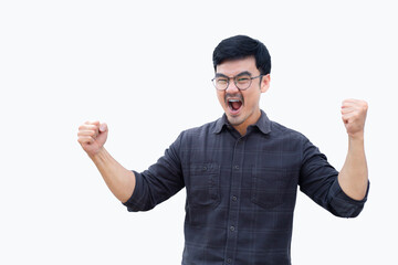 Fototapeta premium adult asian man.young male person wear eye glasses.posing smiling laughing look excited surprised thinking positive happy.empty,copy space for text advertising.white background.attractive fashion