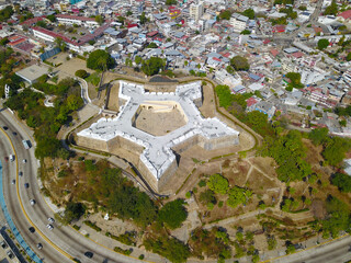 Aerial view of Fort San Diego in Acapulco, taken with a drone