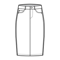 Denim pencil skirt technical fashion illustration with knee length, low waist rise, curved, coin, angled pockets. Flat bottom template front, white color style. Women, men, unisex CAD mockup