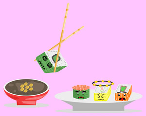 Illustration vector graphic cartoon character of japanese food, set of sushi waiting to be added to the soy sauce
