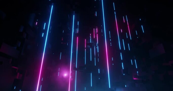 Neon Pillars in City with Light Tech Digital effect. Bright Pink and Blue Neon lens flares. Perfect for VJ, projection , nightclub , party , LED, techno EDM video display. 3D render, 4K loop